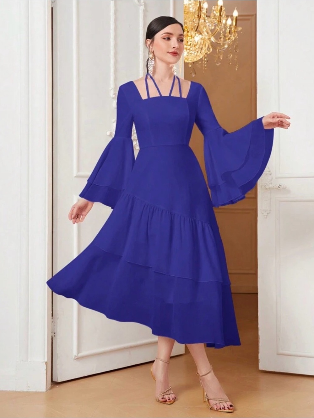 Royal Blue Tiered Midi Dress with Strappy Square Neck